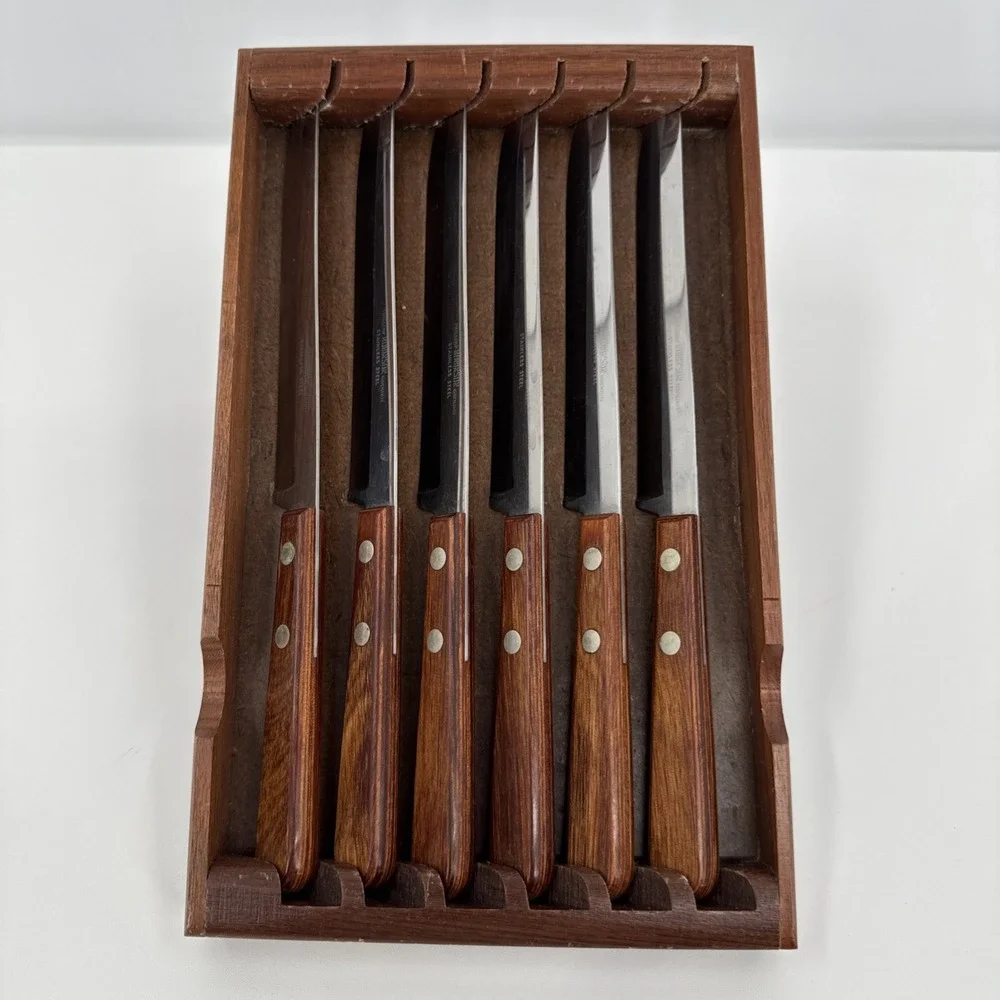 Robinson Hollow Ground Stainless‎ Steel Steak Knives Set of 6 Wood Storage Tray